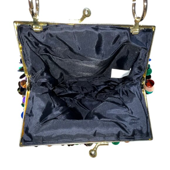 Black Sequin Chain Handle Purse Party Evening Bag With Gold-Tone Accents Small